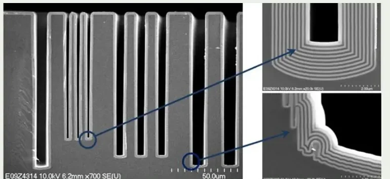 SEM cross-section of deep silicon trenches lined with conformal alternating Ta2O5 and Al2O3 ALD layers