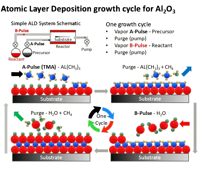 Diagram of one Al2O3 ALD growth cycle: a trimethylaluminum precursor pulse, a purge, a water pulse, and a purge, forming one atomic layer