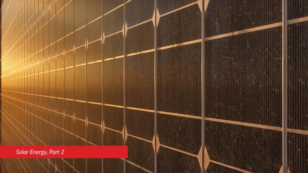 Photovoltaic module surface lit warm gold in close perspective, captioned Solar Energy, Part 2