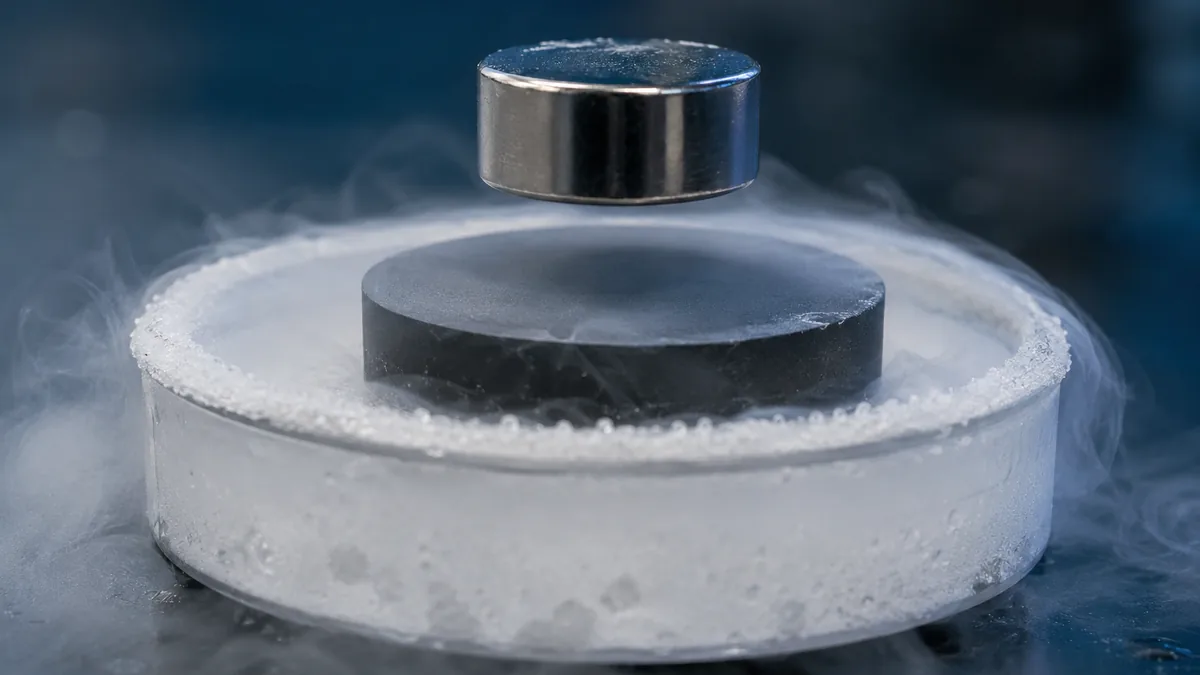 A magnet levitating above a chilled superconductor (the Meissner effect)